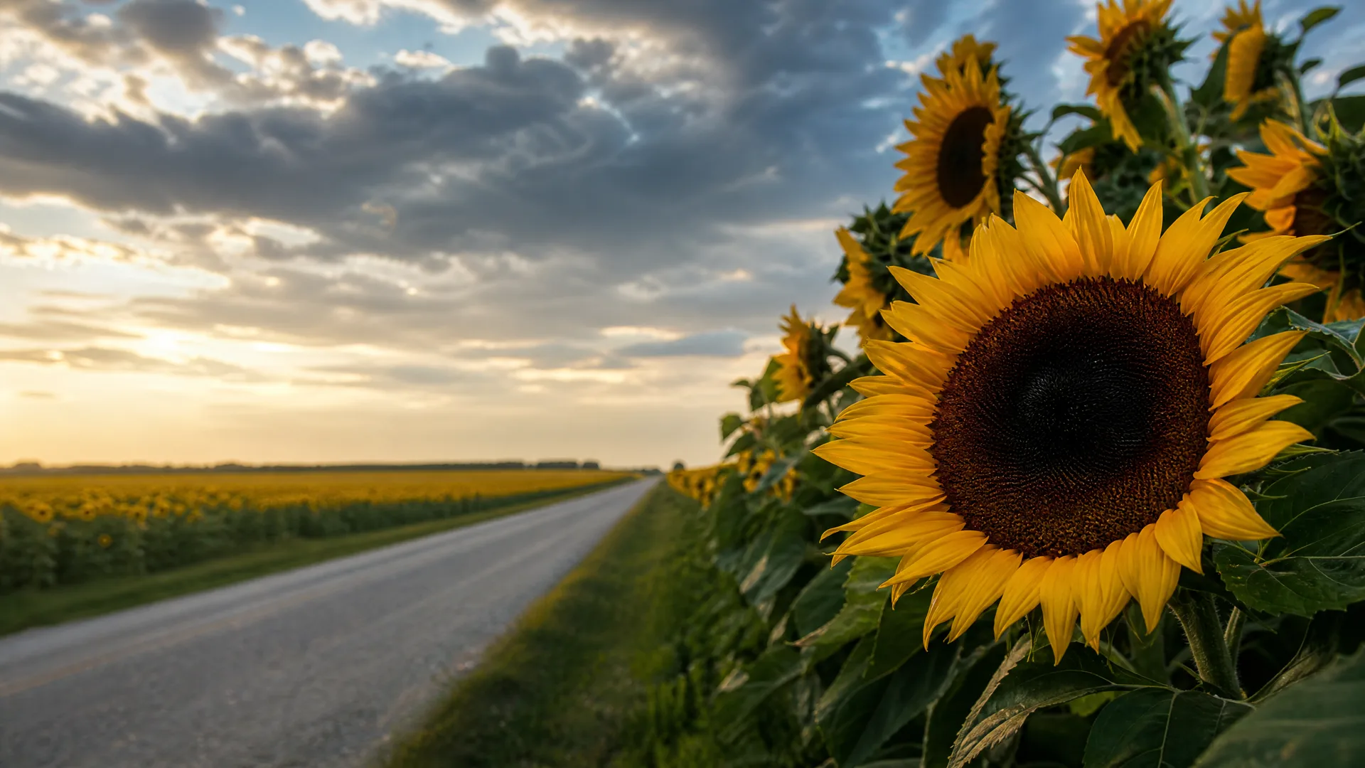 A paved road runs through flat farmland beside a field of sunflowers, with several large sunflower heads in close-up on the right and a cloudy sky at low sun.